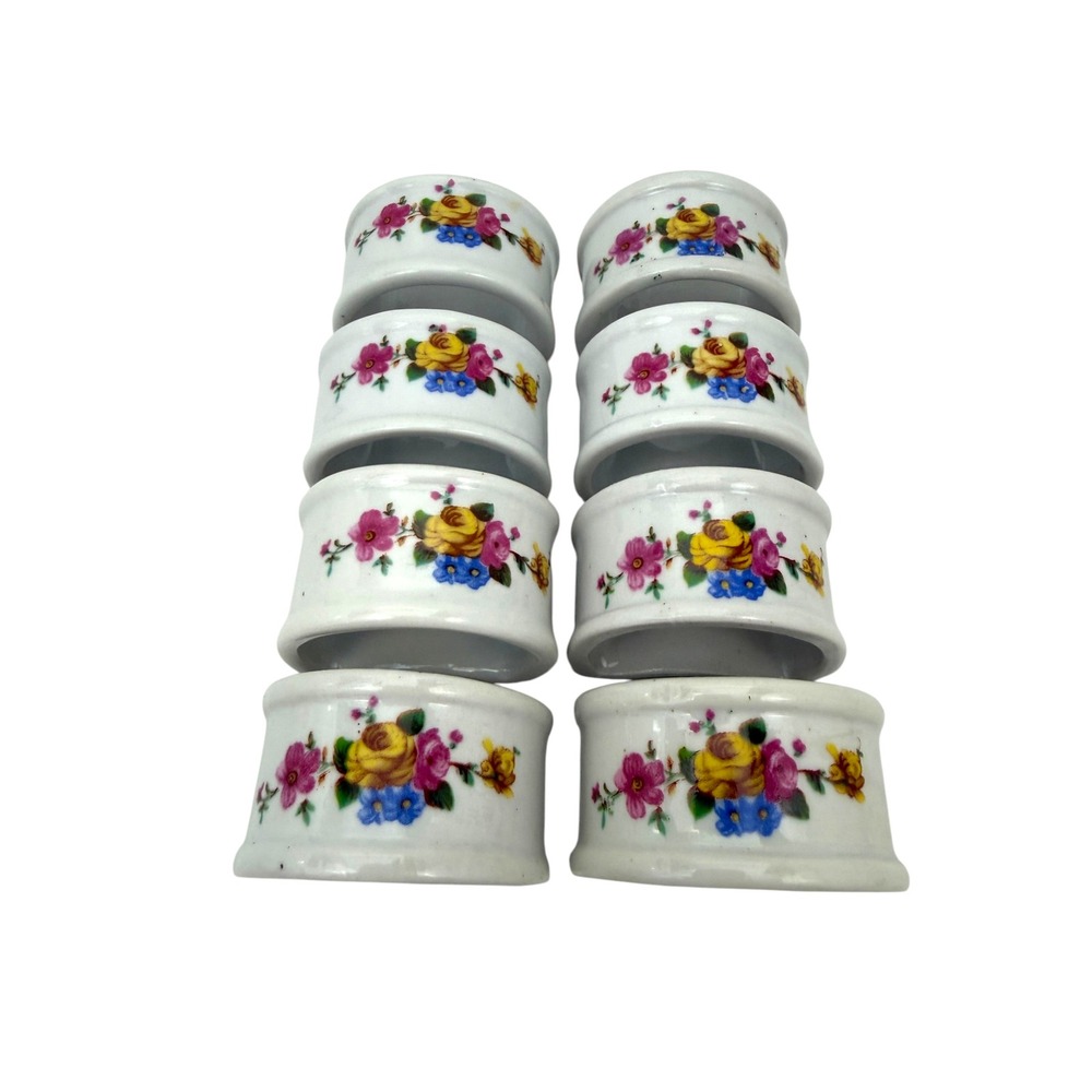 Vintage Floral Ceramic Napkin Rings Set of 8 White Porcelain Rose Garden Decor - Picture 2 of 8